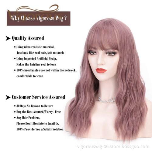 Vigorous Hot Selling Cheap Price Long Body Wave With Neat Bangs Pink High Temperature Fiber For Black Women Synthetic Hair Wigs
